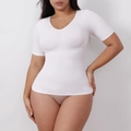 Women's plus size slimming white short sleeve V-neck body shaper top in white finish - L / V-Neck Short Sleeve (34474) / White
