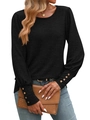 Women's black long sleeve knit shirt with puff sleeves and decorative button cuffs - S / Black