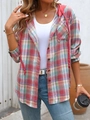 Close-up of women's oversize plaid shirt with red drawstring hood and wood button details - S / Red