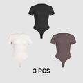 Three-piece set of short sleeve bodysuits in black, white and brown colors - S / Black, Milk White And Brown