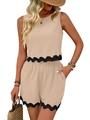 Two-piece beige linen set with black scalloped lace edges, tank top and high waist shorts - Apricot