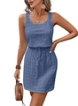 Close-up of blue lace texture and adjustable drawstring waist on sleeveless dress - Haze Blue
