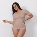 Plus size nude seamless V-neck shapewear top with short sleeves for tummy control - S / V-Neck Short Sleeve (34474) / Nude