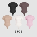 Set of 5 short sleeve crew neck bodysuits in black, brown, nude, white, and pink - L / Black, Nude, Milk White, Brown And Pink