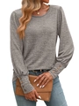 Women's grey waffle knit long sleeve top with puff sleeves and buttoned cuff detail - S / Light Khaki
