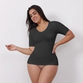 Women's black plus size shapewear top with short sleeves and deep U-neckline - S / V-Neck Short Sleeve (34474) / Black