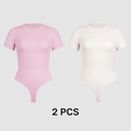 Short sleeve bodysuit 2-pack in light pink and white with metal snap closure design - S / Milk White And Pink