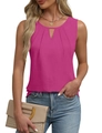 Detail of fuchsia sleeveless chiffon top with pleated neckline and small V-neck cutout - S / Rose Red