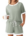 Detail of sage green ribbed pajama set featuring white contrast trim and drawstring waist - S / Top And Bottom / Light Green