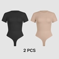 2-pack set of women's short sleeve bodysuits in black and beige slim-fit stretch fabric - S / Nude And Brown
