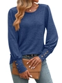Dark blue puff long sleeve knit top with decorative cuff buttons and round neckline - S / Blue