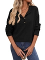 Women's long sleeve black ribbed knit top with polo collar and buttoned V-neck - S / Black