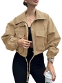 Detail of khaki cropped utility jacket featuring windproof fabric and drawstring hem - S / Khaki