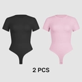 Set of 2 women's short sleeve bodysuits in black and pink with snap button closure - S / Black + Pink