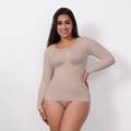 Women's plus size beige long sleeve shapewear bodysuit with seamless high elastic fit - S / Round Neck Long Sleeve (34481) / Nude