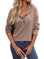 Women's long sleeve henley top in dark khaki ribbed knit with tortoiseshell buttons - S / Khaki