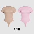 Short sleeve bodycon bodysuit 2-piece set in nude and light pink with snap buttons - S / Nude And Pink