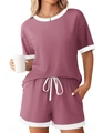 Detail view of the ribbed fabric texture and white contrast trim on the pink lounge set - S / Top And Bottom / Bean Paste Red