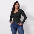 Classic black long sleeve U-neck bodysuit for women with slimming fit design - S / Round Neck Long Sleeve (34481) / Black