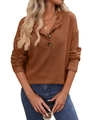 Women's casual ribbed long sleeve polo shirt in brown color with amber buttons - S / Caramel color