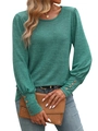 Women's crew neck knit top in dark sage green with puff sleeves and decorative buttons - Green