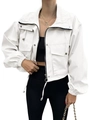 Close-up of white cropped utility jacket with front zip and large chest pockets - S / White