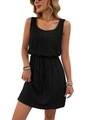 Sleeveless black mini dress with geometric embroidery and drawstring waist detail - S / Black