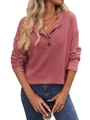 Women's casual ribbed long sleeve V-neck button top in dusty rose pink color - S / Pink