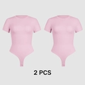 Set of two light pink short sleeve bodysuits with round neck and snap buttons - S / Pink (Two-Piece Set)