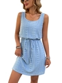 Light blue sleeveless dress with hollow embroidery texture and adjustable drawstring waist - S / Sky Blue