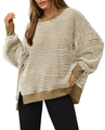 Detail view of khaki and white striped knit sweater with ribbed cuffs and split hem - S / Khaki