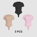 Three-piece set of high-elastic short sleeve crew neck bodysuits in black, nude and pink - S / Black, Nude And Pink