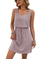 Elegant sleeveless square neck lavender lace dress with hollow texture and waist drawstring - S / Pink Purple