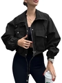 Detail of a black cropped utility jacket showing the metal zipper and cargo flap pockets - S / Black
