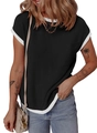 Damen Strick-T-Shirt in Schwarz mit weißen Kontrastkanten und Brusttasche Detail - S / Schwarz