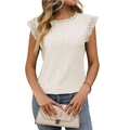 Women's white sleeveless lace top with round neck and hollow-out embroidery detail - Apricot