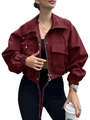 Detail view of wine red cropped jacket with stand collar, zipper, and drawstring hem - S / Burgundy