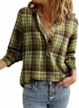 Dettaglio di camicia a quadri con scollo a V e bottoni in verde, marrone e bianco - S / Verde Pera