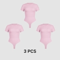 Pack of 3 women's short sleeve crew neck bodysuits in soft light pink with bottom snaps - S / Pink (Multipack)