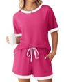 Detail of rose pink ribbed pajamas set with white contrast trim and adjustable drawstring - S / Top And Bottom / Rose Red