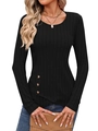 Top ajustado negro de manga larga con punto acanalado y bajo asimétrico con botones - S / Negro