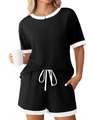 Detail of ribbed knit fabric on black pajama set with white contrast trim and drawstring - S / Top And Bottom / Black