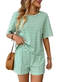 Women's summer two-piece knit set featuring green and white striped T-shirt and shorts - S / Green