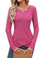Top ajustado de punto acanalado rosa con manga larga y botones decorativos - S / Rosa Rojo
