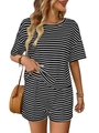 Women's summer two-piece knit set featuring black and white striped short sleeve top and shorts - S / Black