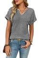 Dames T-shirt met V-hals en korte mouwen met klassieke zwarte en witte horizontale strepen - S / Zwart