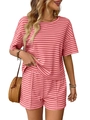 Women's summer knit striped two-piece set with pink and red shorts in a casual style - S / Pink