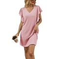 Pink V-neck waffle knit mini dress featuring ruffled sleeves and a casual fit - S / Pink