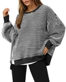 Detailed view of striped knit sweater texture with ribbed cuffs and side slit hem - S / Black