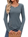 Top de punto azul grisáceo para mujer, corte ajustado, manga larga con botones y nudo lateral - S / Azul grisáceo